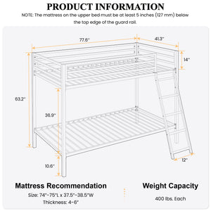 Twin Over Twin Metal Bunk Bed with Ladder & Guardrail