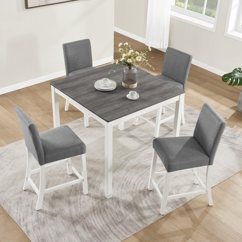 5-Piece Counter Height Dining Table Set for 4 – Solid Wood & Upholstered Linen Chairs