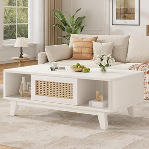 Mid-Century Coffee Table with Rattan Drawer