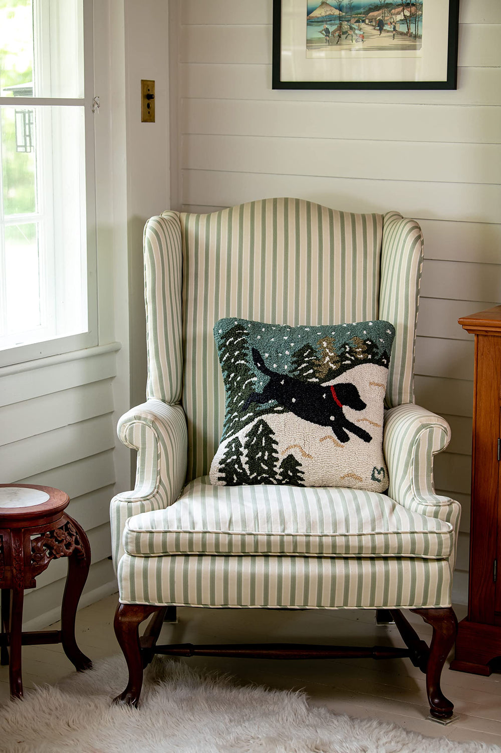 Black Lab Dog Playing in Snow Hand-Hooked Wool Throw Pillow