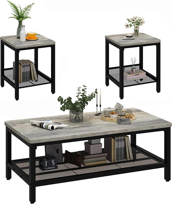 Industrial Coffee Table Set of 3 with 2 End Side Tables