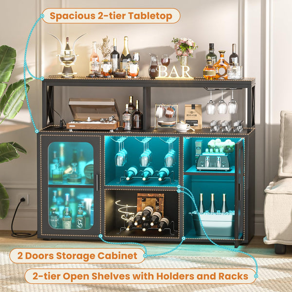 Bar Cabinet with LED Lights & Power Outlets
