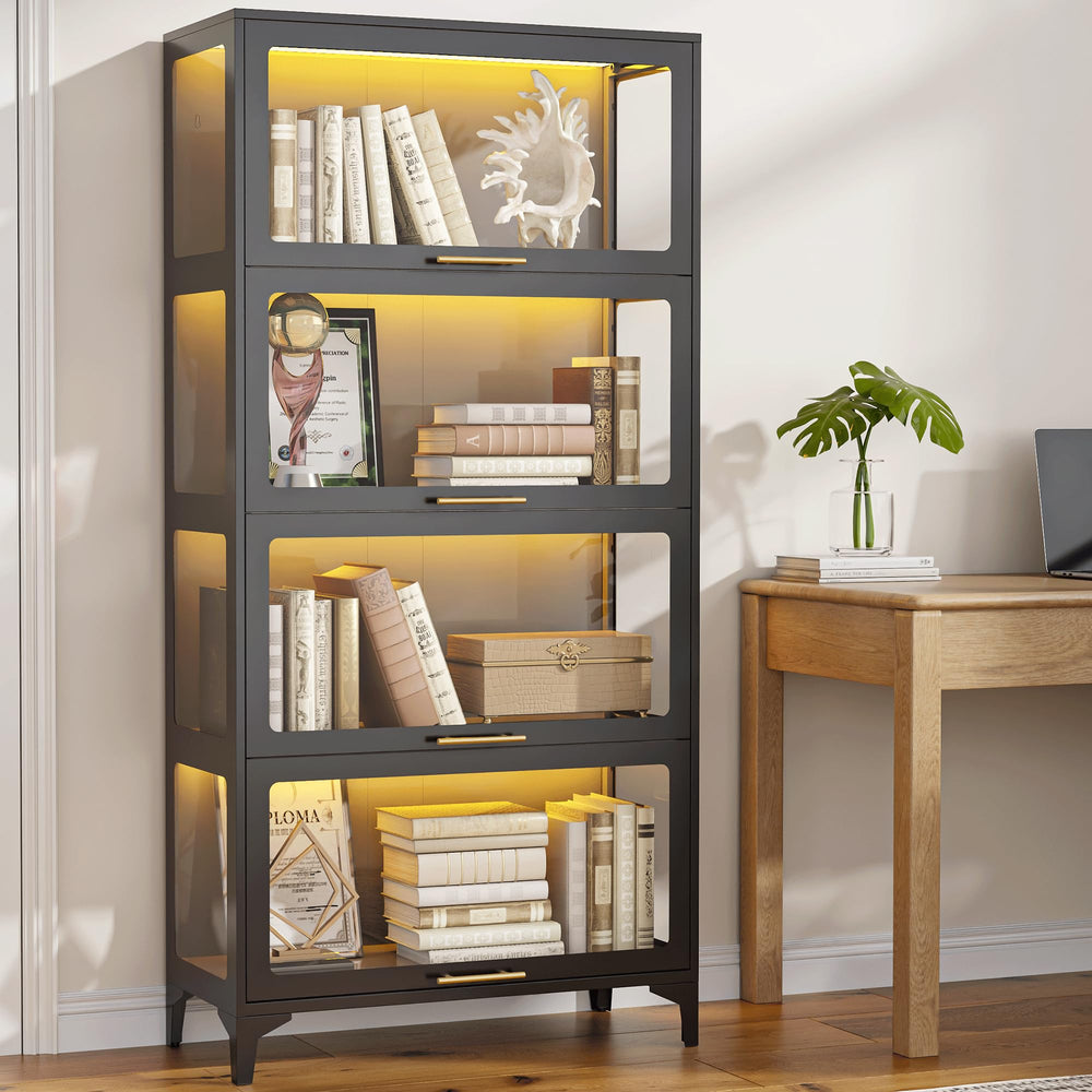 5-Tier Glass Display Cabinet with Flip-Up Doors & LED Lighting
