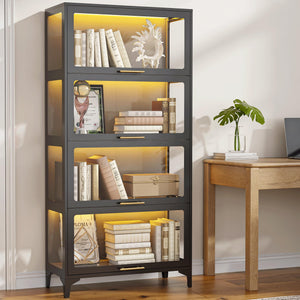 5-Tier Glass Display Cabinet with Flip-Up Doors & LED Lighting