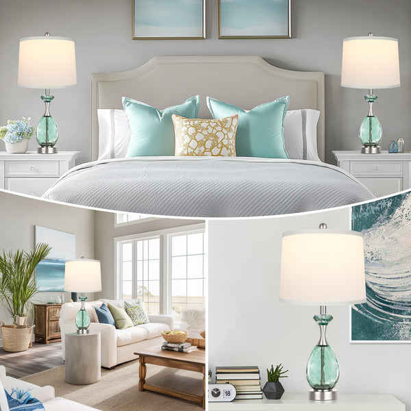 Coastal Glass Table Lamps Set of 2 – Dimmable Touch Control with USB Ports