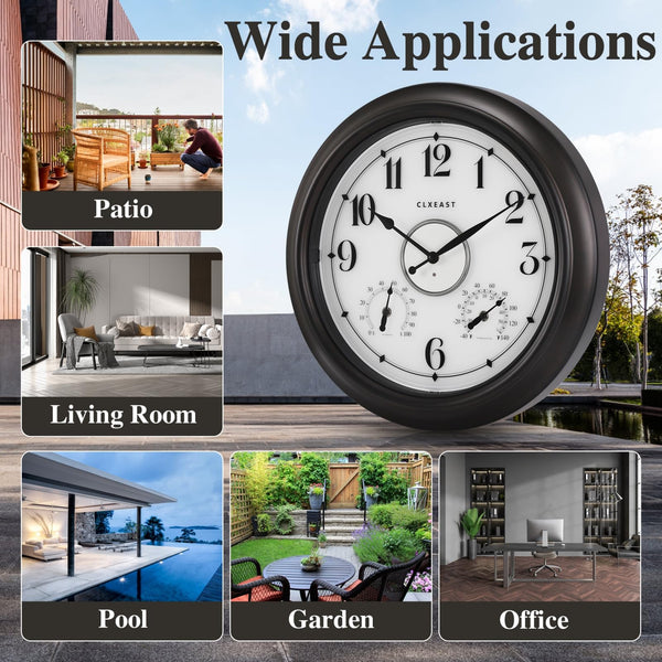 18-Inch Illuminated Outdoor Wall Clock with Thermometer & Hygrometer