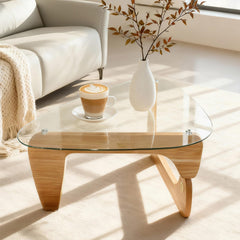 Triangle Tempered Glass Coffee Table with Wood Legs