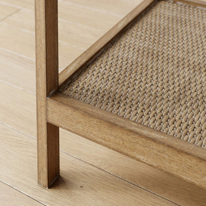 Glass Top End Table with Rattan Shelf & Wood Frame