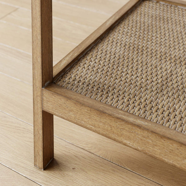 Glass Top End Table with Rattan Shelf & Wood Frame