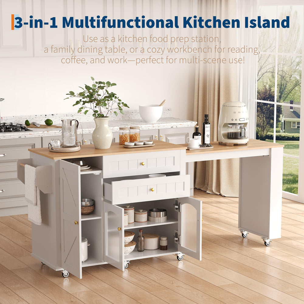 Extendable Rolling Kitchen Island with Storage Cabinet, Drawers & Shelves