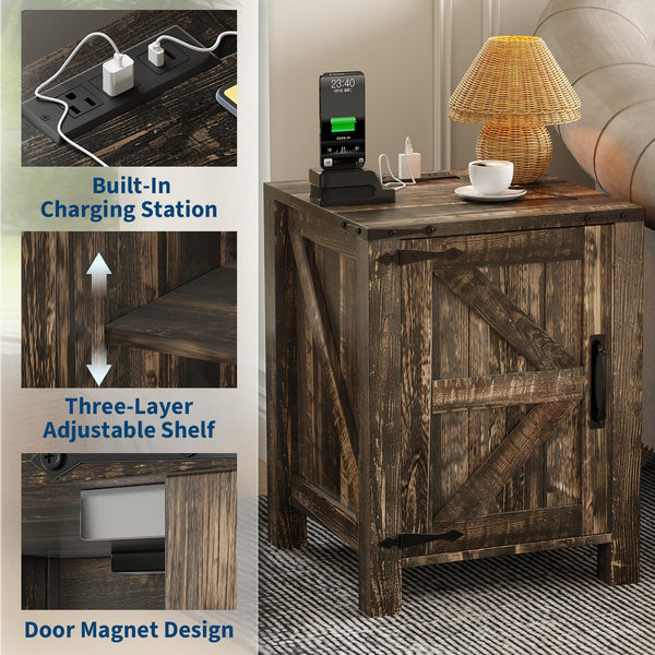 Farmhouse Nightstand with Charging Station & Sliding Barn Door