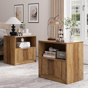 Fluted Nightstand Set of 2 with Drawer & Open Shelf
