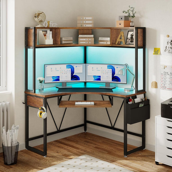 Corner Desk with LED Lights, Keyboard Tray & Storage