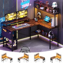 L-Shaped Gaming & Home Office Desk with Power Outlets, LED Lights & Monitor Stand