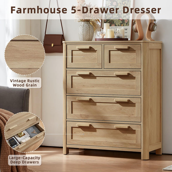 5-Drawer Farmhouse Wood Dresser with Deep Drawers