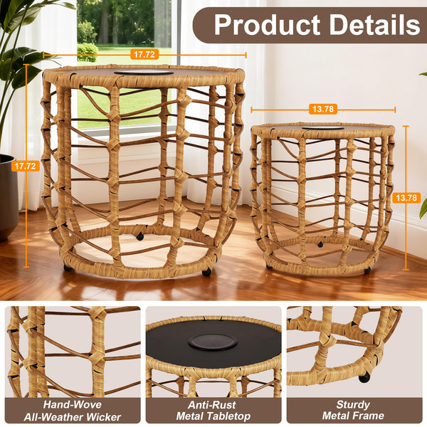 Boho Solar Outdoor Side Tables Set of 2 – All-Weather Wicker Nesting Tables