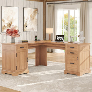 L-Shaped Executive Desk with File Cabinet & Charging Station, 67 Inch