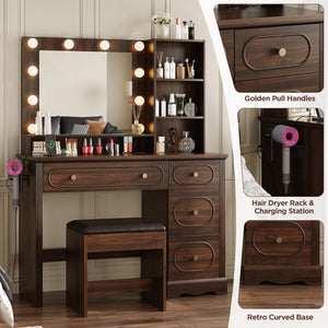 42" Walnut Brown Makeup Vanity Desk with Lighted Mirror & Charging Station