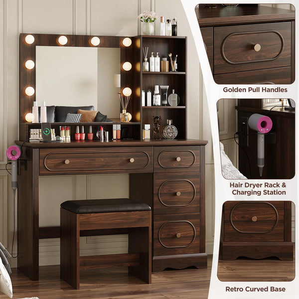 42" Walnut Brown Makeup Vanity Desk with Lighted Mirror & Charging Station
