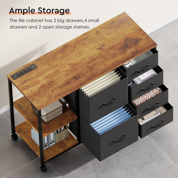 6-Drawer File Cabinet with Charging Station & Printer Stand