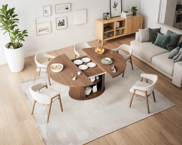 63 Inch Extendable Round Dining Table with 2-Tier Storage Shelf for 2-4-6