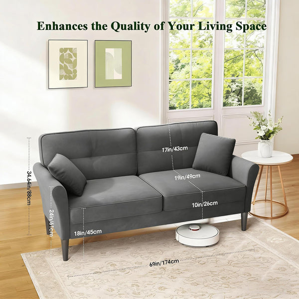 69" Velvet Loveseat Sofa with 2 Pillows | 700lb Capacity | Tool-Free Setup