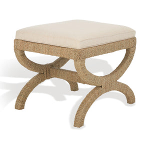 Woven Seagrass Ottoman with Mahogany Wood Frame