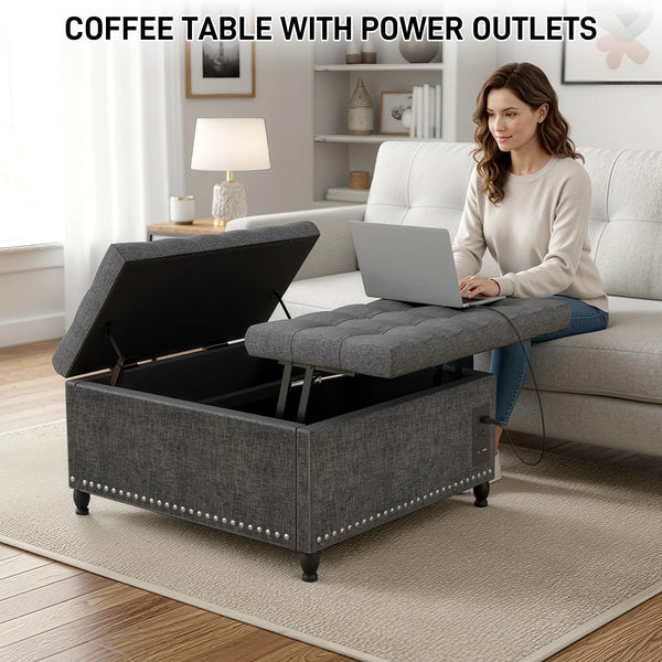 Square Storage Ottoman with LED Lights & Outlets