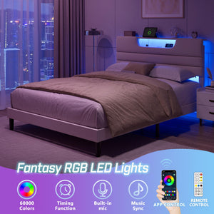 Queen Platform Bed with LED Lights & Charging Station