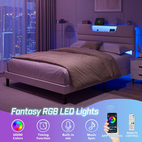 Queen Platform Bed with LED Lights & Charging Station
