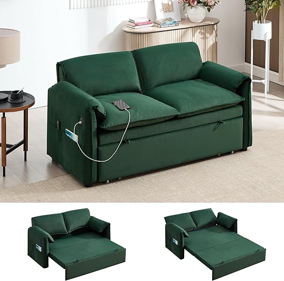 63" Velvet Pull-Out Sofa Bed – 3-in-1 Convertible Futon Loveseat