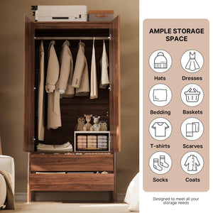 2-Door 2-Drawer Wardrobe with Engineered Wood Storage Cabinet