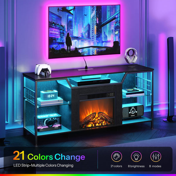 55" Fireplace TV Stand with LED Lights & Charging Station for TVs up to 65"