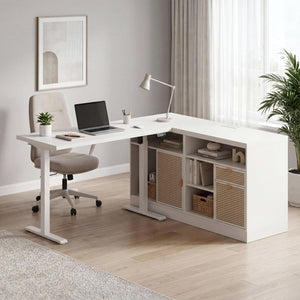 L-Shaped Electric Standing Desk with Storage & Charging Station