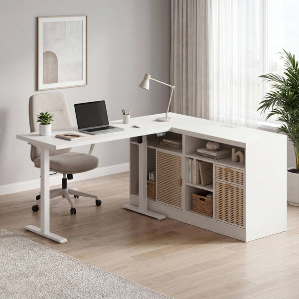 L-Shaped Electric Standing Desk with Storage & Charging Station