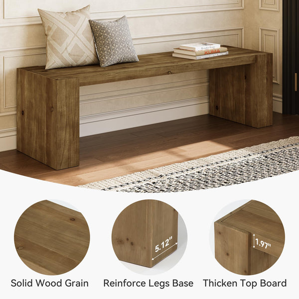 59-Inch Solid Wood Farmhouse Entryway Bench with Open Shelf