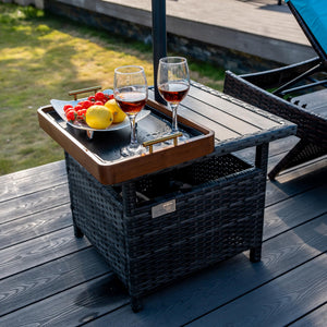Wicker Patio Side Table with Umbrella Hole and Weight Bags