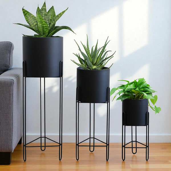 Set of 3 Tall Metal Planters with Stands