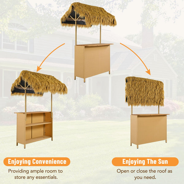 Hawaiian Outdoor Bar Table and Stools Set – 3-Piece Patio Bar Set with PE Grass Canopy