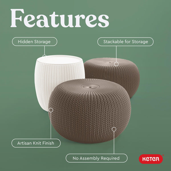 Outdoor Pouf Ottoman Set with Storage Table – 3-Piece Resin Seating
