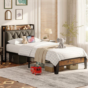 Twin Size Upholstered Bed Frame with Storage & Power Outlets
