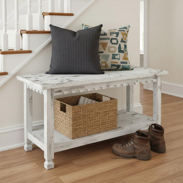 36-Inch Farmhouse Entryway Bench with Storage Shelf
