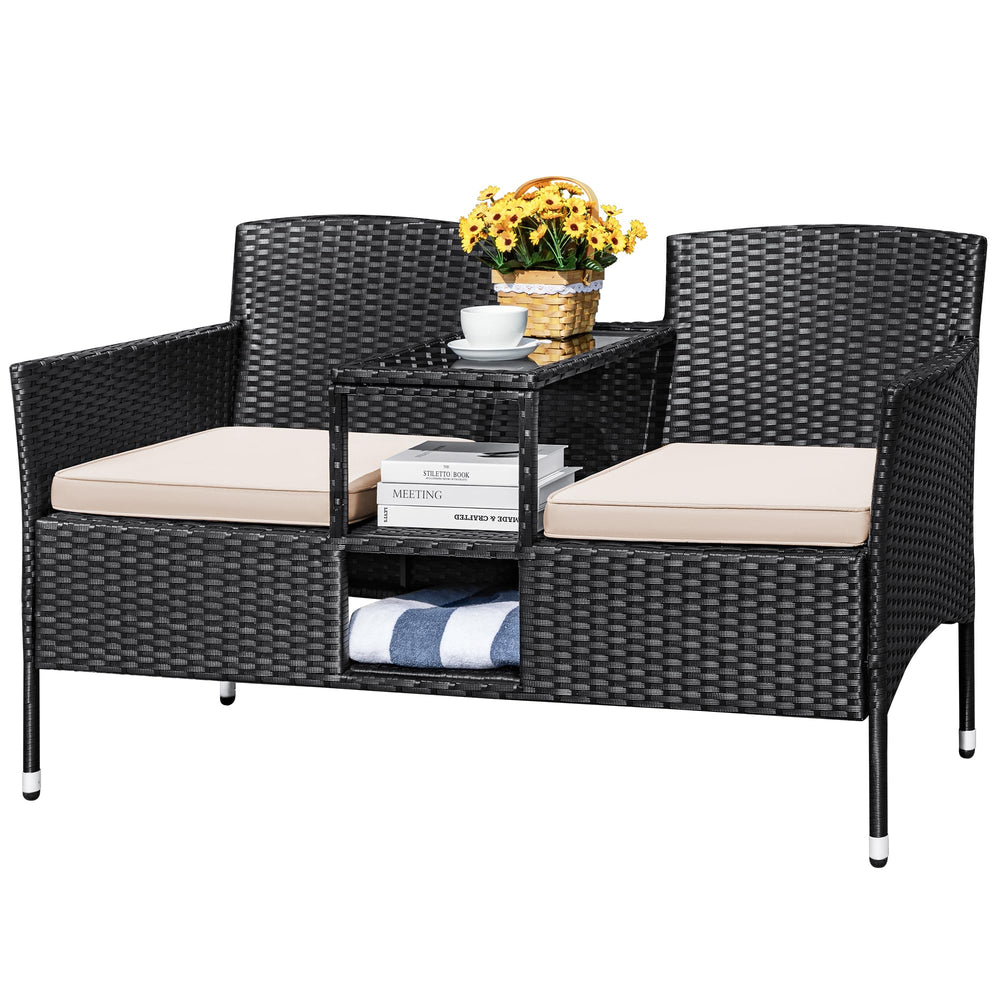 Outdoor Rattan Loveseat with Built-In Table & Storage