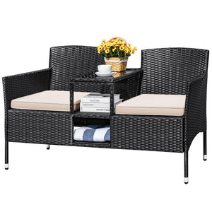 Outdoor Rattan Loveseat with Built-In Table & Storage