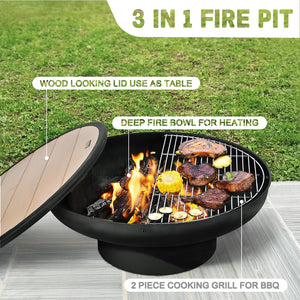 Round Wood Burning Fire Pit with Lid, Grill Grates & Deep Bowl – Outdoor Backyard Patio