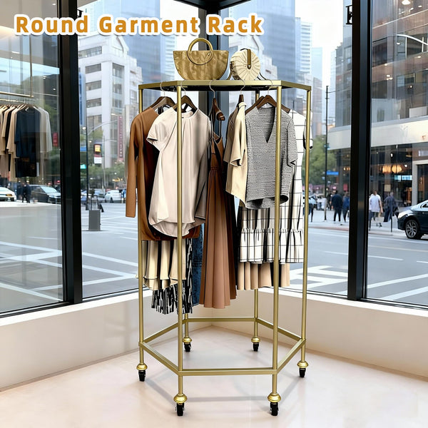 Round Garment Rack with Shelf & Wheels