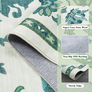 Washable Oushak Area Rug – Floral, Non-Slip, Low Pile