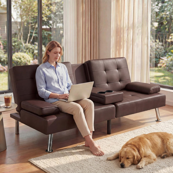 Convertible Futon Sofa Bed with Adjustable Backrest & Armrest