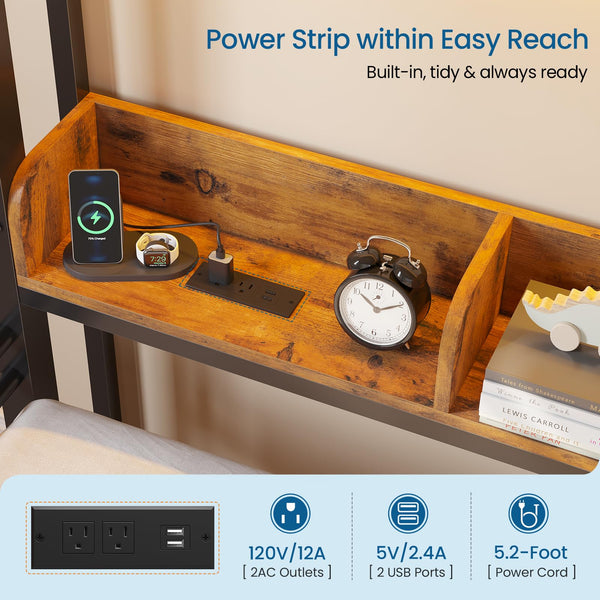 Twin Over Twin Bunk Bed with Storage, LED Lights & Charging Station