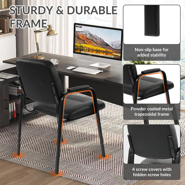Waiting Room Chairs No Wheels Set of 4 – Leather Reception Guest Chairs with Padded Arms